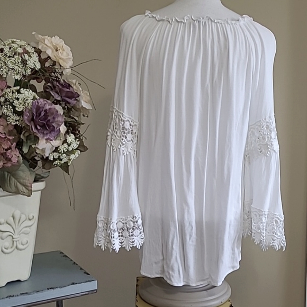 Democracy Blouse Elegant White Lace Crochet Trim Top Bell Sleeve Tassel Tie Larg - Picture 7 of 12